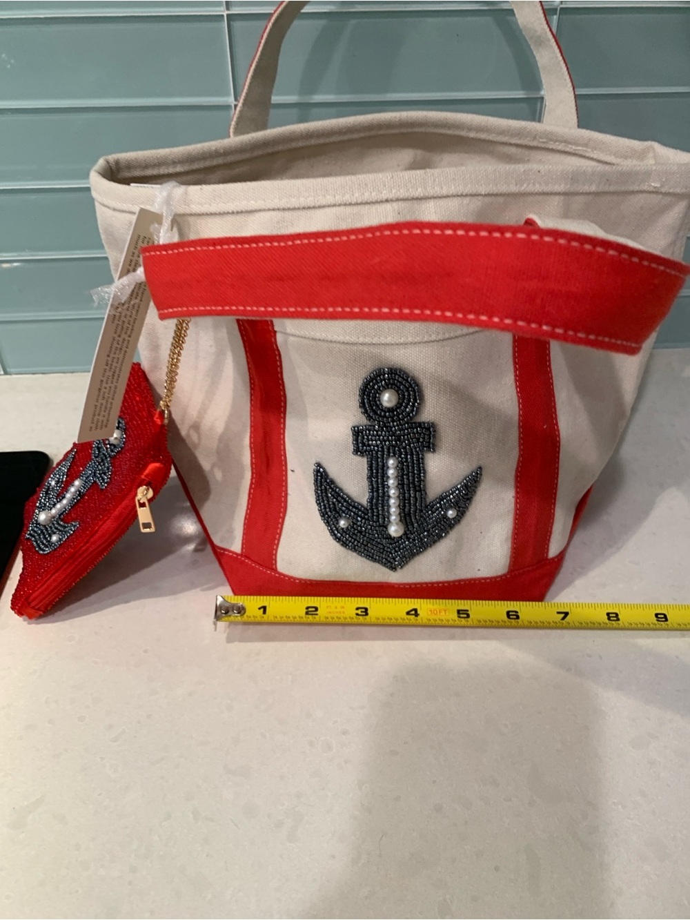 Small Canvas Tote Beaded Nautical Anchor Red Trim and Beaded Chain Pouch NWT - Picture 3 of 14